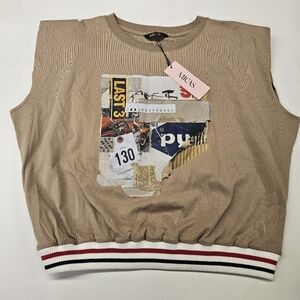 MICAS Car Letter Digital Pattern Loose Sleeveless T-Shirt - Sz Large NWT